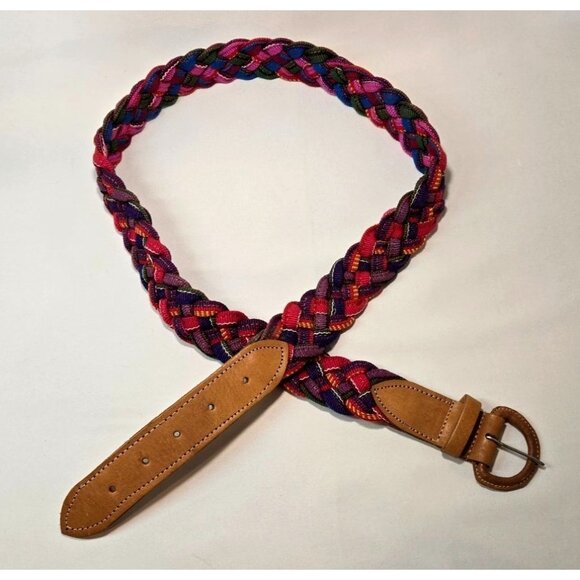 Vtg Guatemalan Woven Fabric Belt Sz M Tribal Southwestern Leather Buckel Ethnic - Picture 3 of 11